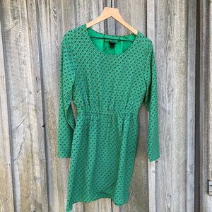 J Crew Long sleeved green patterned midi dress